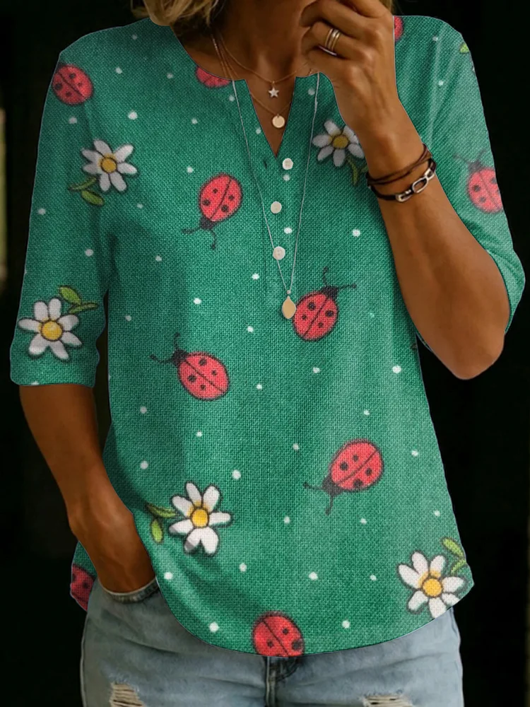 Daisy And Ladybug Decorative Pattern Polo Collar Shirt