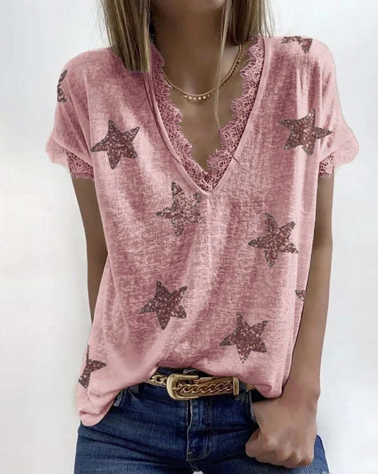 Women's Summer V-neck Lace Loose Print T-shirt