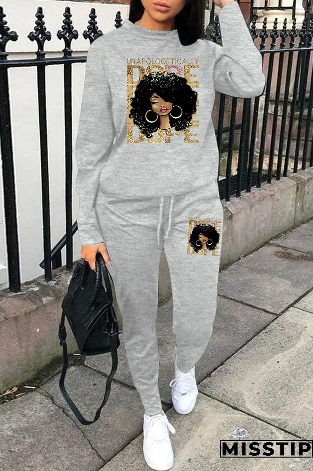 Black And White Casual Print Basic O Neck Long Sleeve Two Pieces