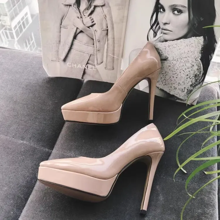Breakj Breakj Spring New Patent Leather Naked Ten Cm High Heels Women Waterproof Table With 12 Cm Pointed Women's Single Shoes