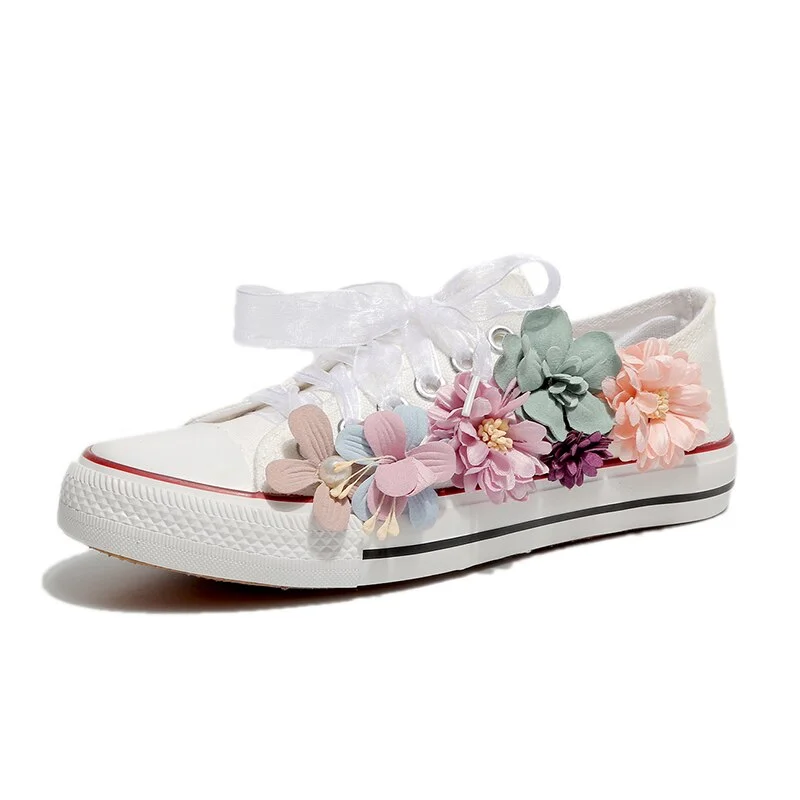 Women Sneakers Summer Canvas Shoes White Ribbon Strap Sew Colorful Flowers Pearl Diamond Ribbon Thick-soled Flat Stud E146