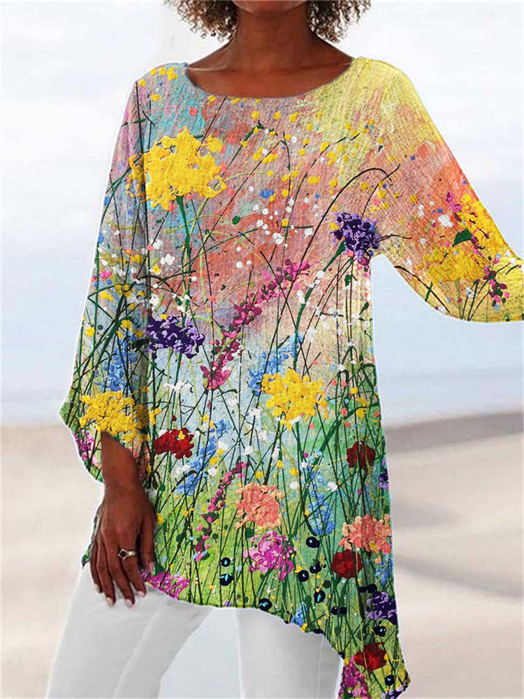 Flowers Oil Painting Asymmetric Flowy Tunic  artssus