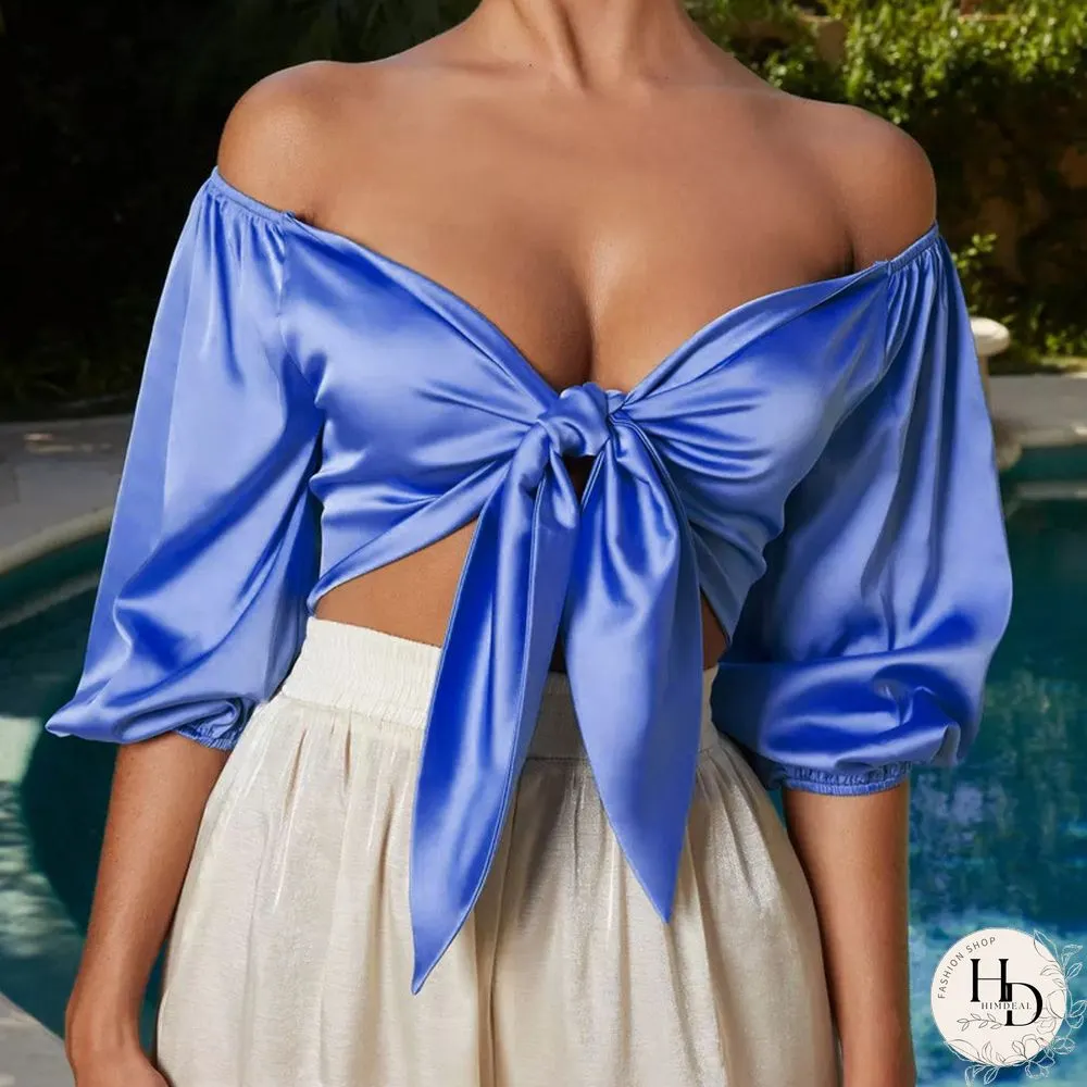 Sexy Satin Slik Crop Top Women Bow Sashes Neck Sleeveless Half Sleeve Cropped Backless