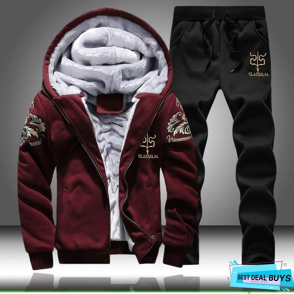 Men Fleece Warm Printed Coat Hooded Pullover Hoodie Sweatshirts Sweatpants Suit