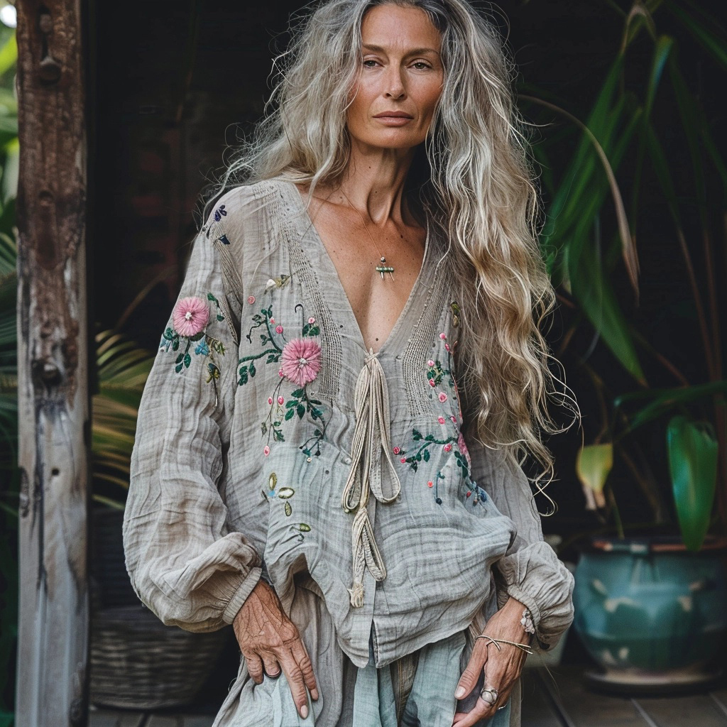 Women's Linen Bohemian V-neck Long-sleeved Shirt