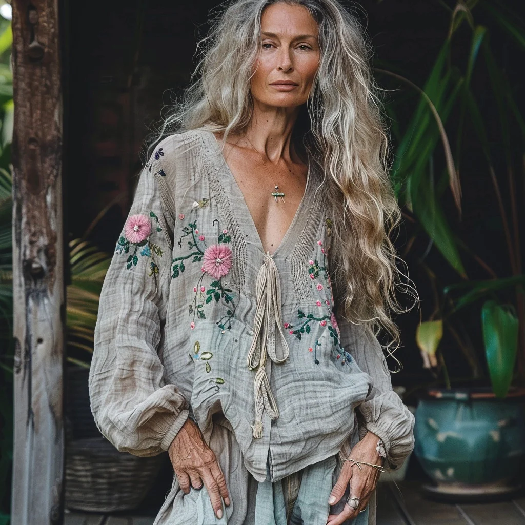 Women's Linen Bohemian V-neck Long-sleeved Shirt