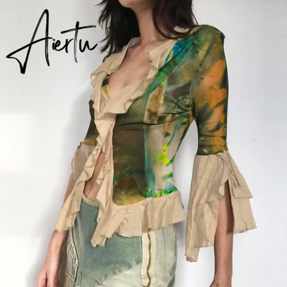Aiertu  y2k Printed Crop Top Ruffles V Neck T Shirt Women Vintage Fairycore Grunge Elegant Tee Autumn Winter Cardigans Chic Aiertu