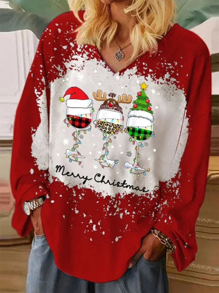 Christmas Wine Glass Print Loose Tie Dye Tunic