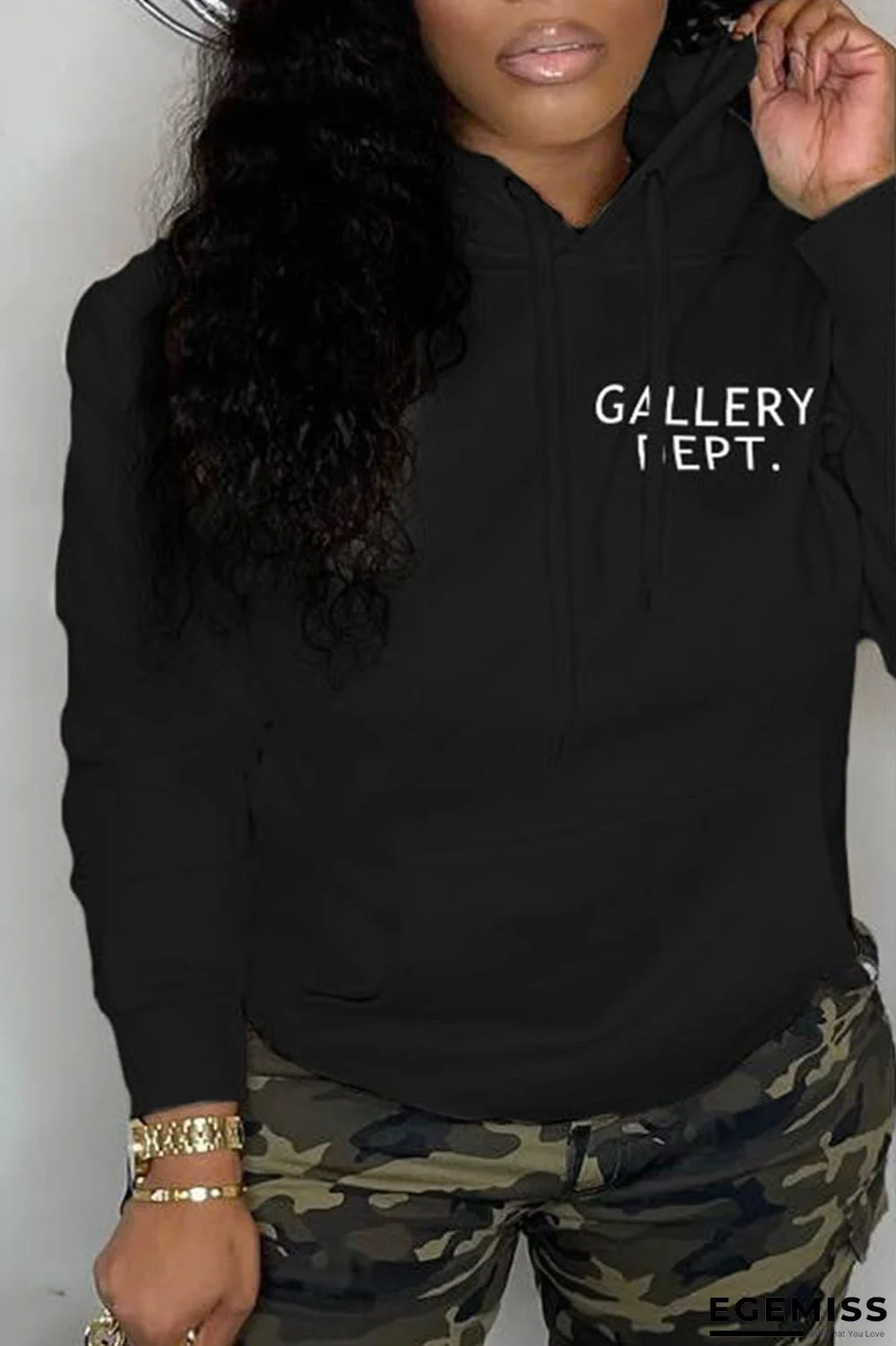 Black Casual Print Patchwork Hooded Collar Tops | EGEMISS