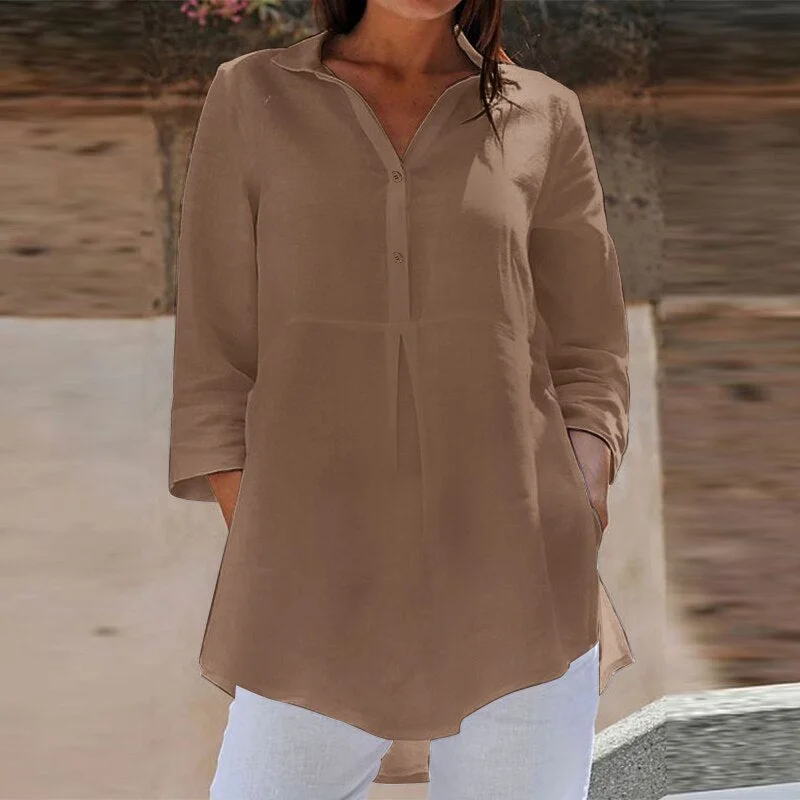 Women Elegant Shirt ZANZEA Summer Lapel Neck 3/4 Sleeve Solid Blouse Casual Loose Long Tops Tunic Femininas Work Blusas Chemise