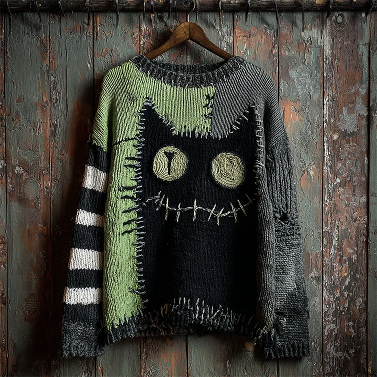 Halloween Black Cat Stitched Contrast Patchwork Cozy Knit Sweater
