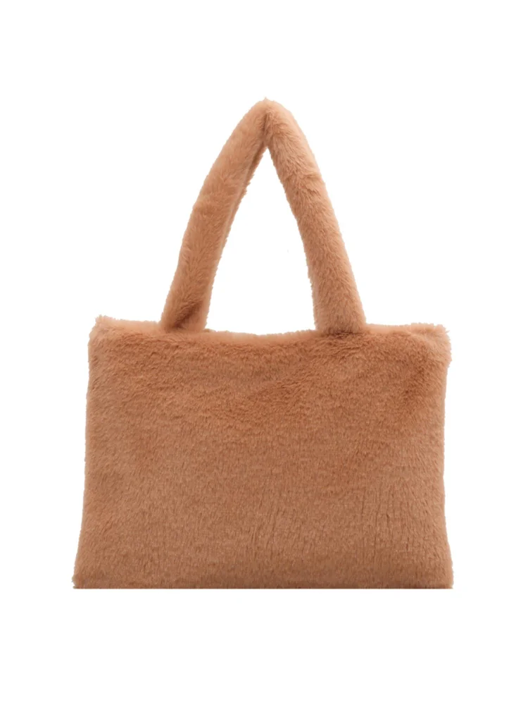 Women Winter Soft Fur Solid Color Top-handle Bag Small Handbag (Khaki)