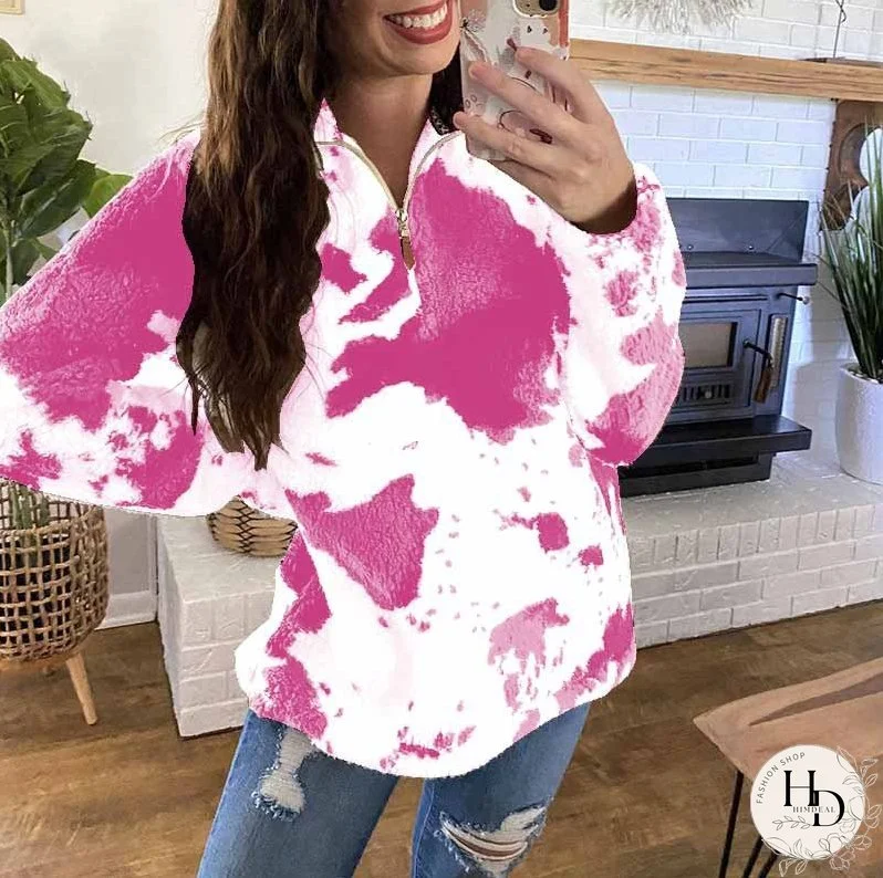 New Autumn and Winter Leisure Fashion Plush Coat Female Cow Printed Zipper Sweater