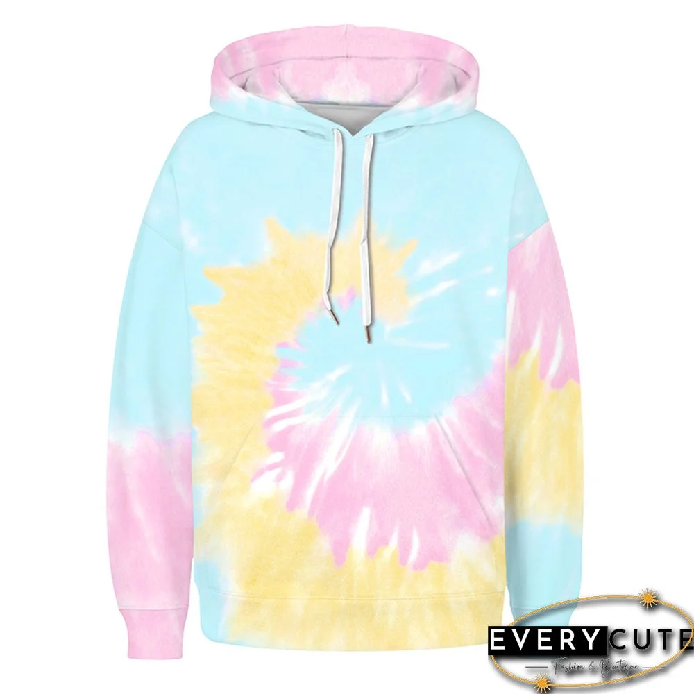 Light Blue Tie Dye Print Drawstring Hoodie