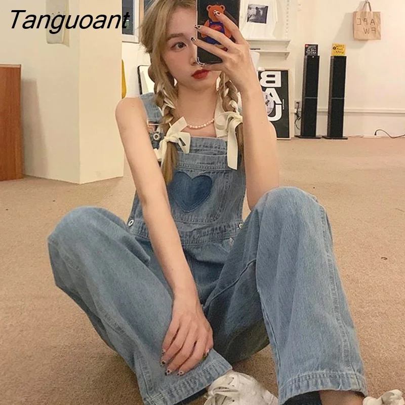 Tanguoant Women Jumpsuits Wide-leg High Waist Denim Trousers Baggy College Cute Pocket Summer Casual All-match Straight Slim Overalls Chic