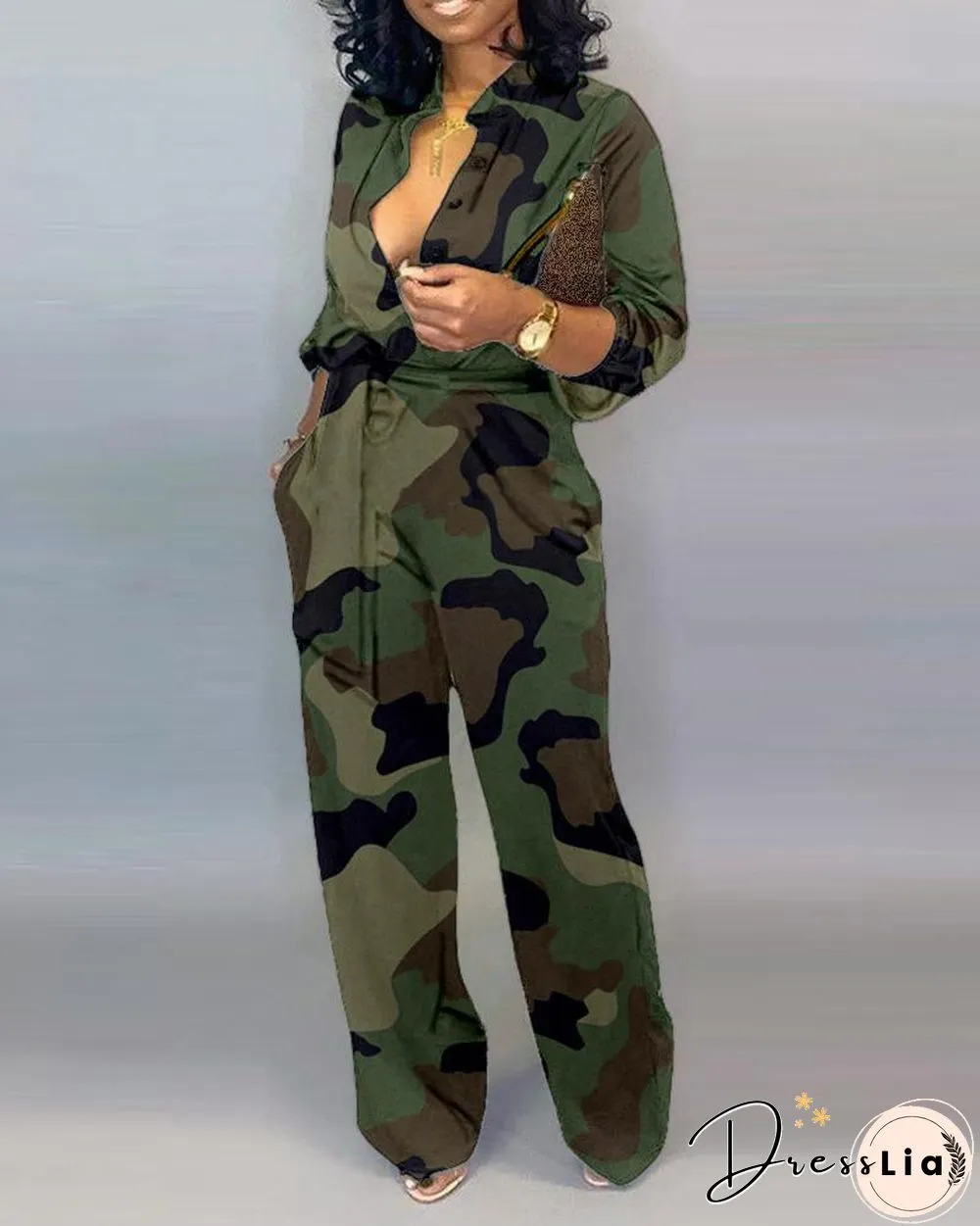 V Neck Camouflage Print Buttoned Jumpsuit