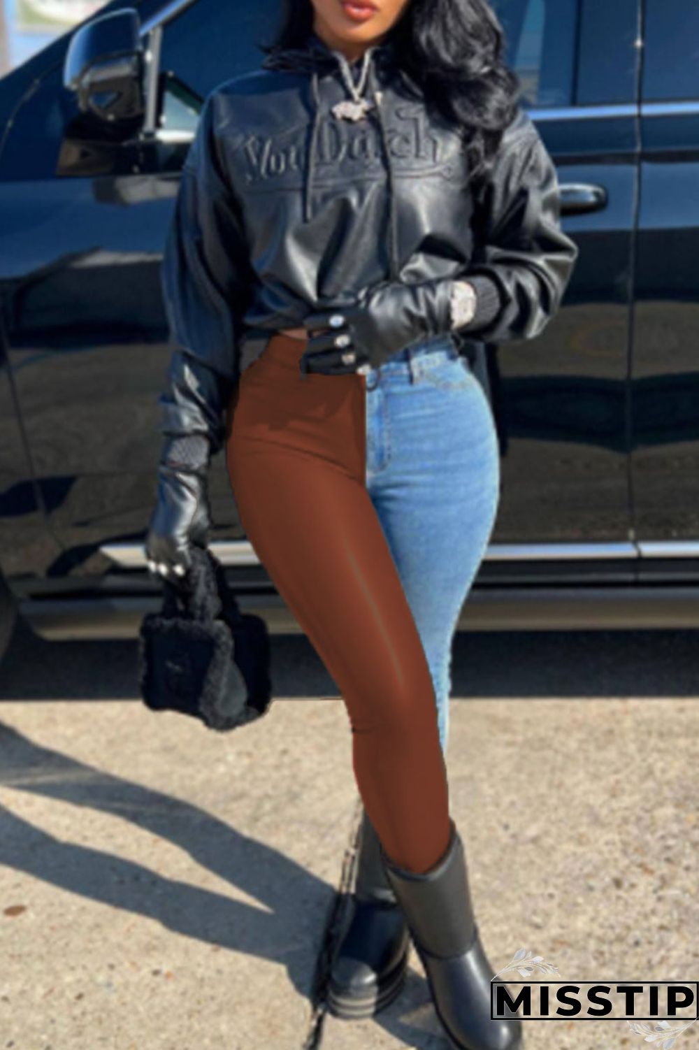 Black Casual Solid Patchwork High Waist Denim Jeans