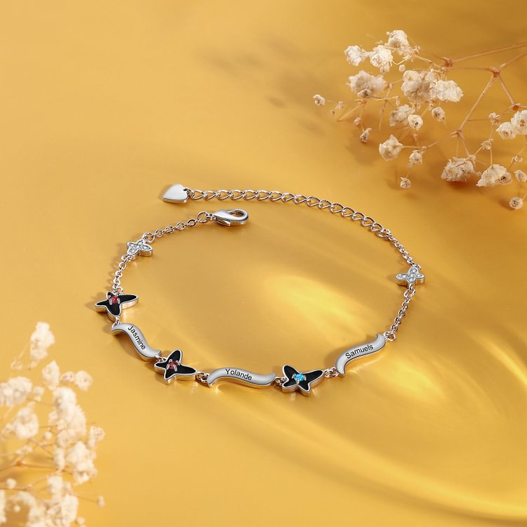 Pulsera de mariposa 3 grabado 3 nombres personalizados con 3 piedra de nacimiento