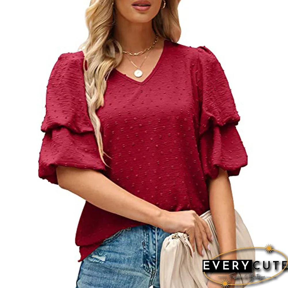 Burgundy Swiss Dot Puff Short Sleeve V Neck Top