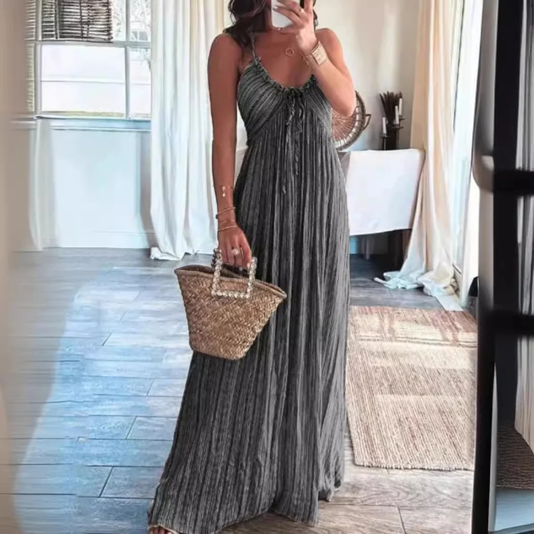 Toloer Toloer Summer New Solid Color Sexy U-Back Collar Strap Back Dress-Outfit Ideas