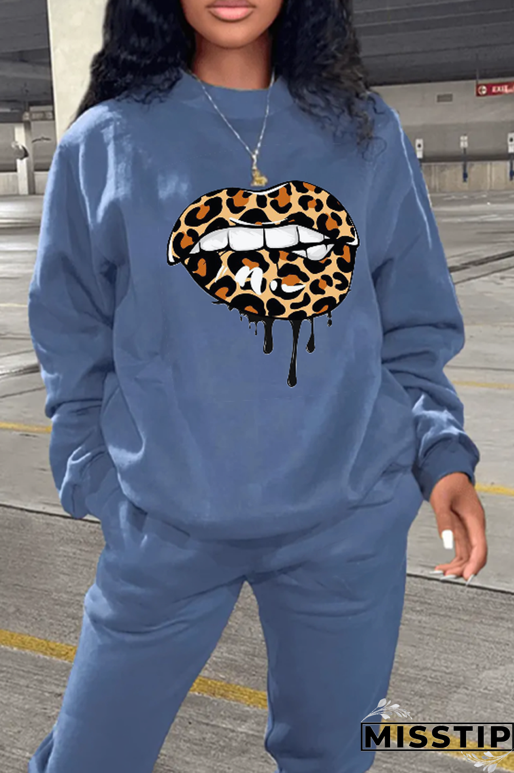 White Street Lips Printed Patchwork O Neck Tops