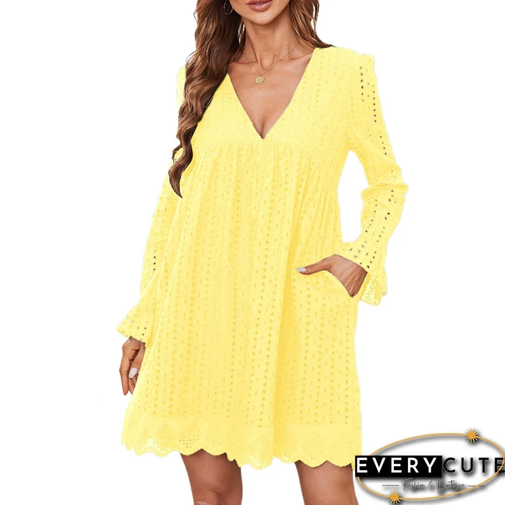 Yellow Hollow-out Long Sleeve V Neck Jacquard Dress