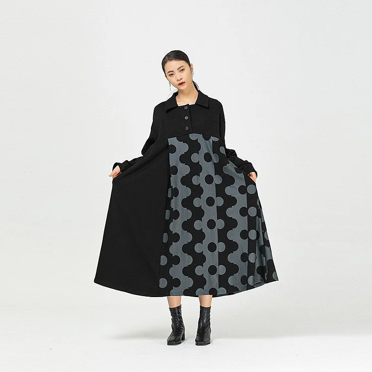 Fashion Loose Lapel Asymmetrical Contrast Color Dot Printed Long Sleeve Dress 