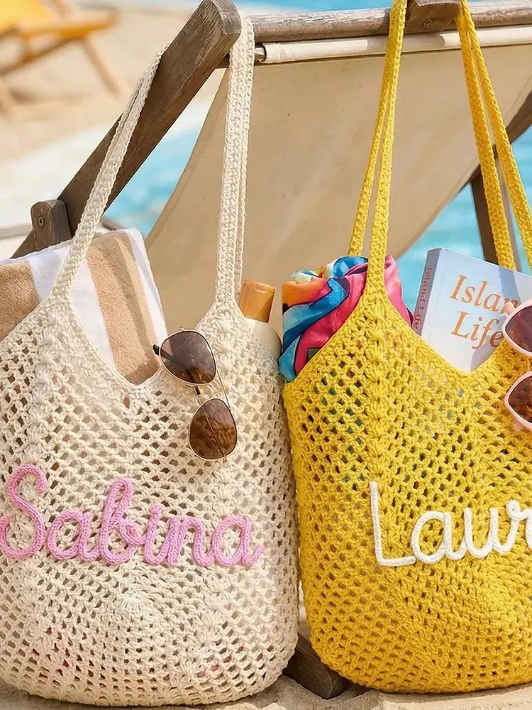 Personalised Straw Knitted Beach Bag and Crochet Tote - Unique Bridesmaid Gift Bags, Travel Wedding Favor, Bachelorette Trip Present