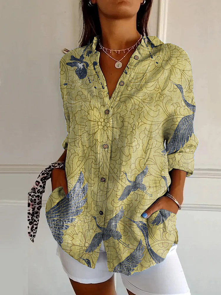 Classic Crane and Flower Print Casual Long Sleeve Shirt
