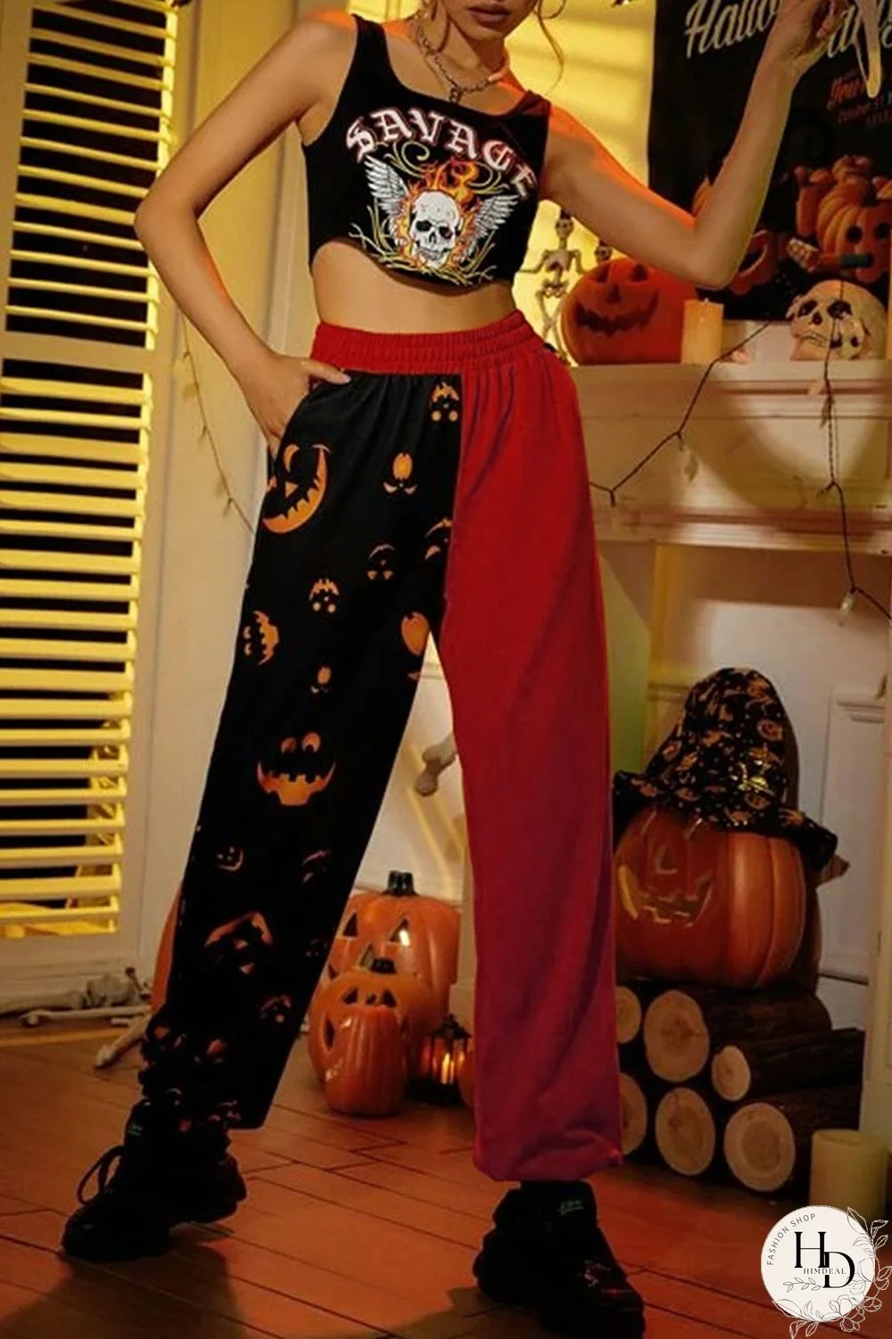 Red Street Print Split Joint Straight High Waist Straight Positioning Print Bottoms