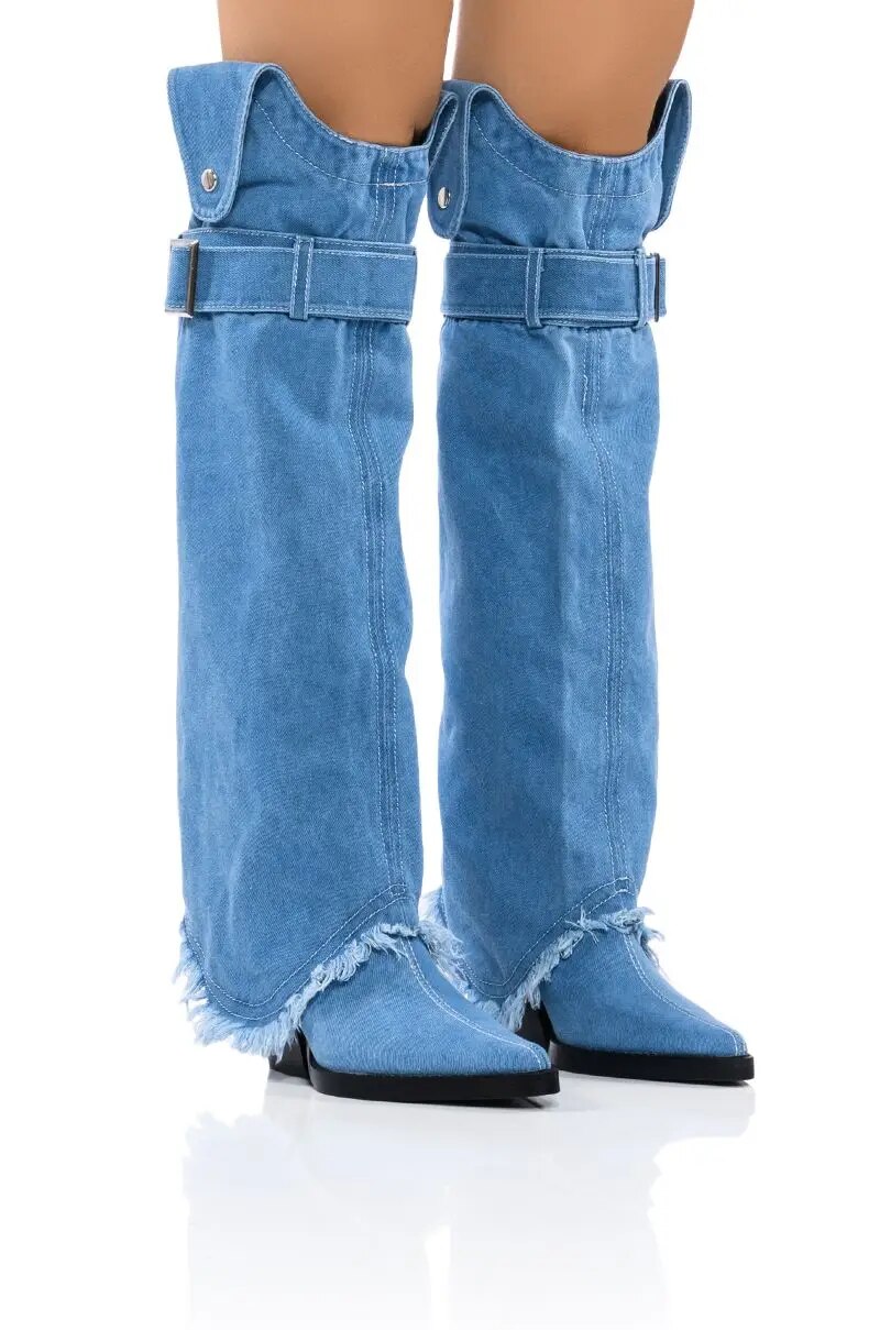 VCSHOES Denim Western Women Knee High Boots Wedges High Heel Cowboy Boots Female Shoes 44