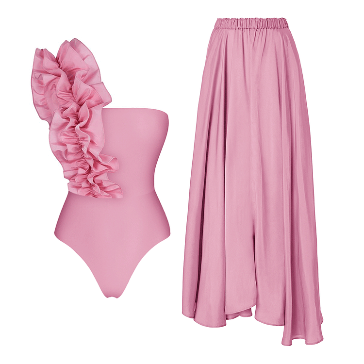One Shoulder Ruffle Solid Color One Piece Swimsuit and Skirt(Shipped on Jun 16th)