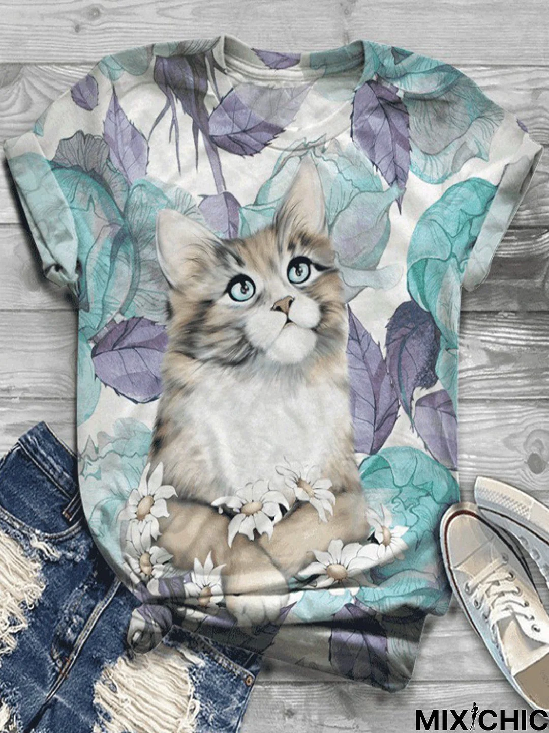 Summer Casual Cute Cat Cotton-Blend Vintage Floral T-shirt