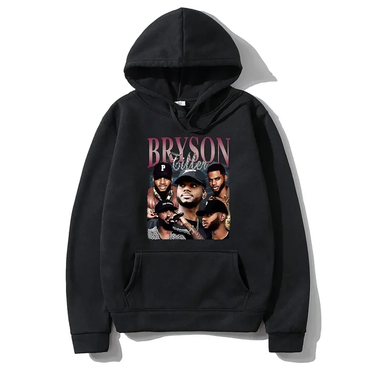 Getluckyquest Vintage Bryson Tiller Graphic Hoodie Men Hip Hop Rap Oversized Sweatshirt Male Casual Fleece Cotton Hoody Men's Black Streetwear