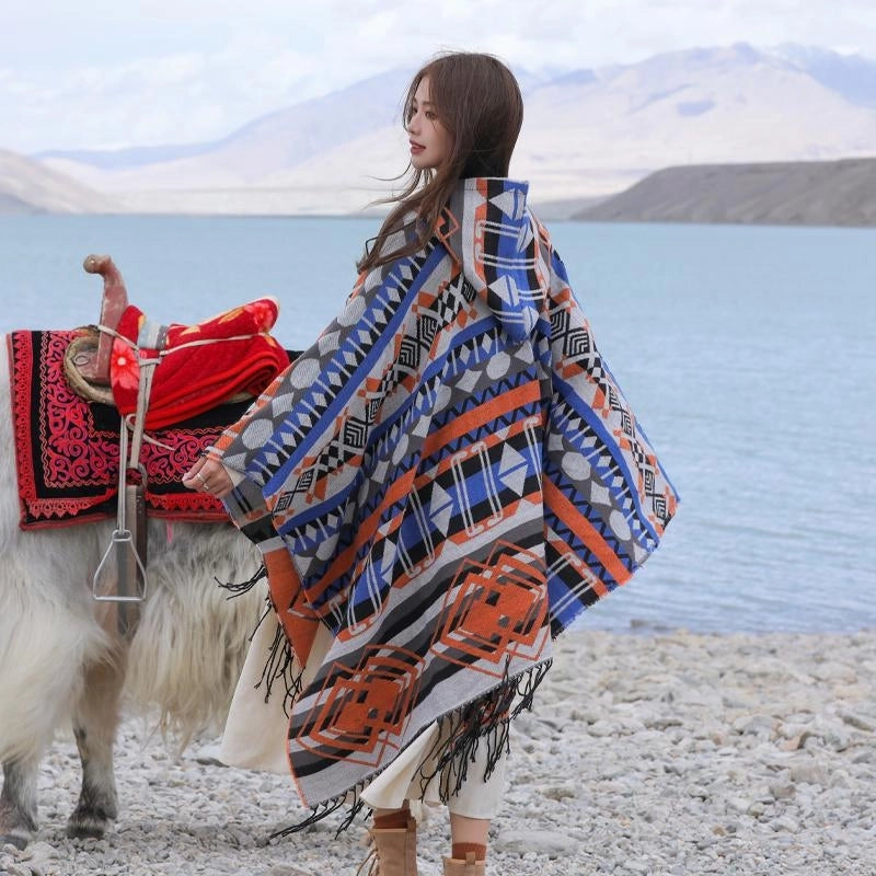 Ethnic Style Hooded Shawl Cloak Lijiang Xinjiang Tibet Northwest Tourism Wear Photograph Warm Outer Cape