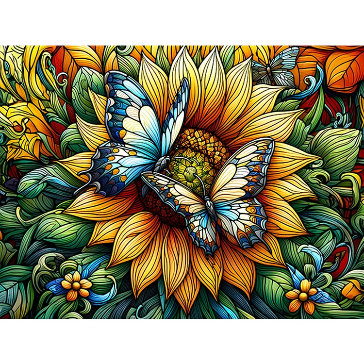 Full Round Diamond Painting - Glass Art - Sunflower Butterfly 40*30CM