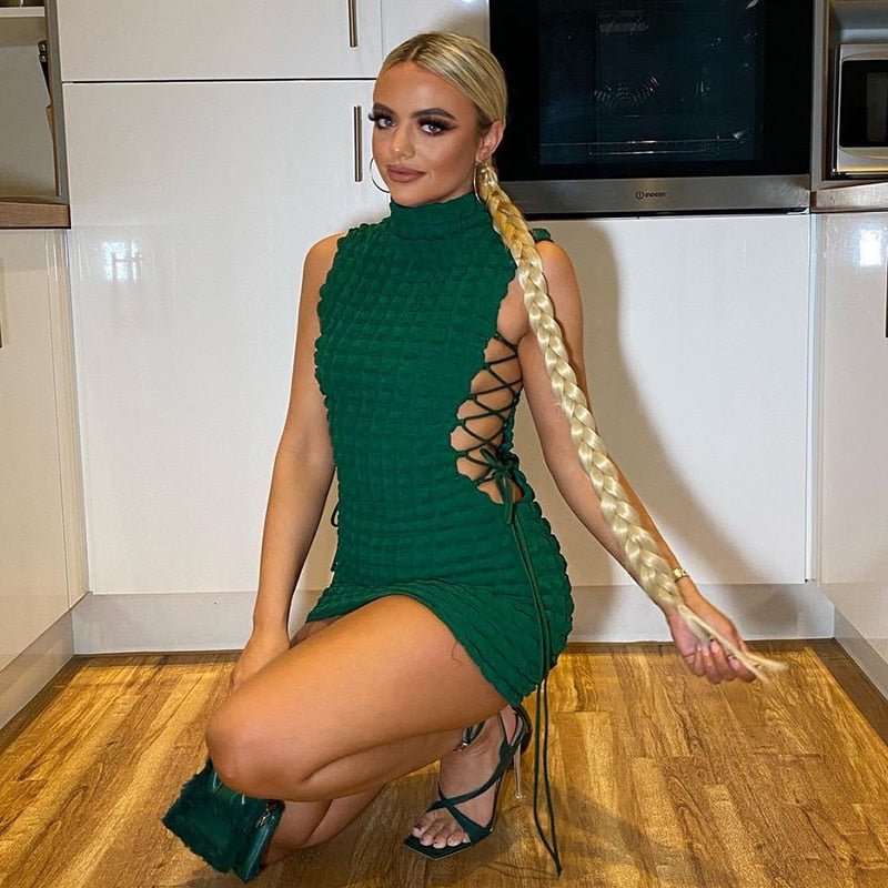 Stunning Stacked Mini Dress Women Sexy Solid Mock Neck Sleeveless Draw String Bodycon Party Clubwear Elegant Female Skirt