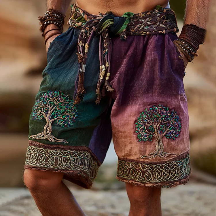 Men's Viking Inspired  Tree Of Life With Celtic Knot Art Linen Shorts