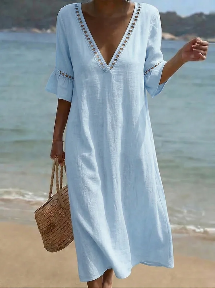 Cozy Cutout-panel V-neck Cotton-linen Dress