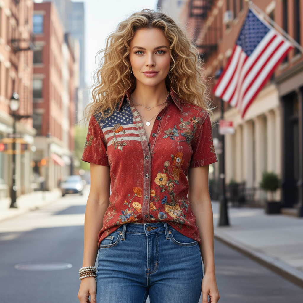 Women's Vintage American Flag 250th Anniversary Floral Print Short-Sleeve Shirt - Helixace