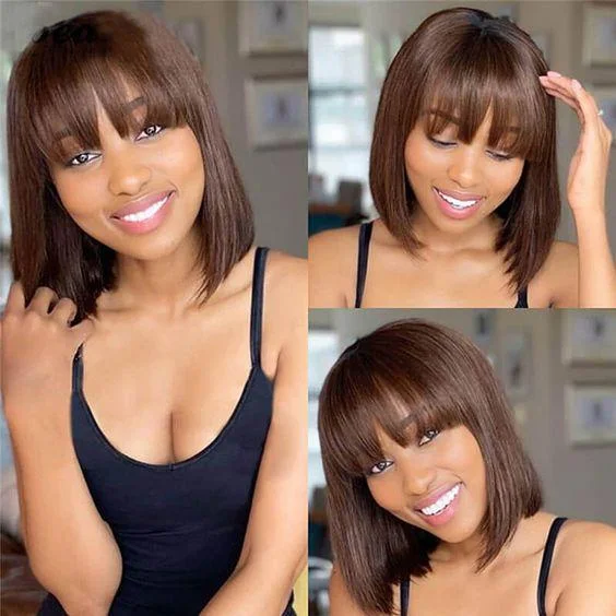 Brown Brazilian Straight Hair BOB Wigs Lady Wig With Bangs