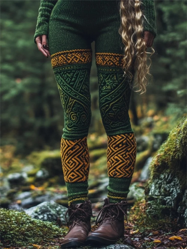 VChics Vintage Celtic Contrast Color Cozy Knit Leggings