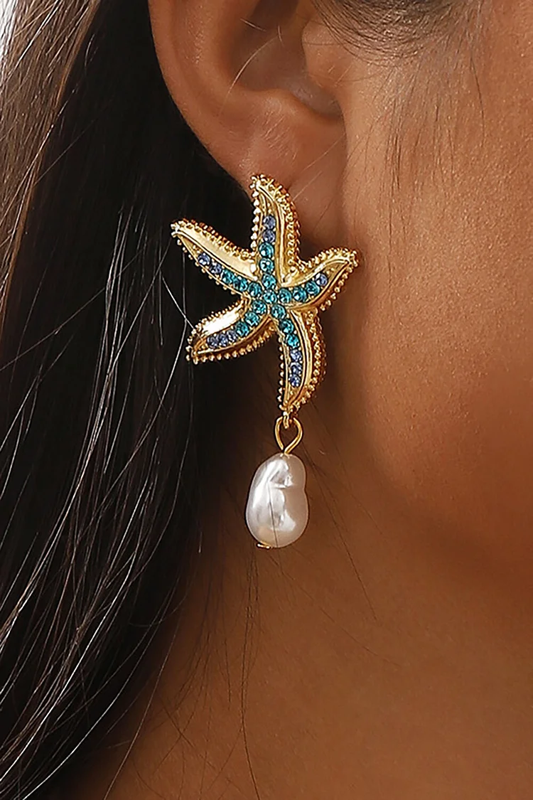 Rhinestone Decor Simulated Pearl Starfish Dangle Earrings