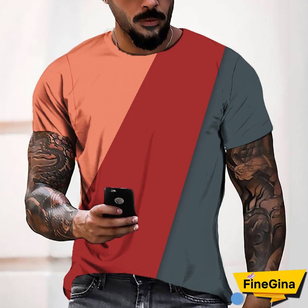 3D Digital Printing Three-color Block Simple Style Men's Casual Loose Short-sleeve T-shirt