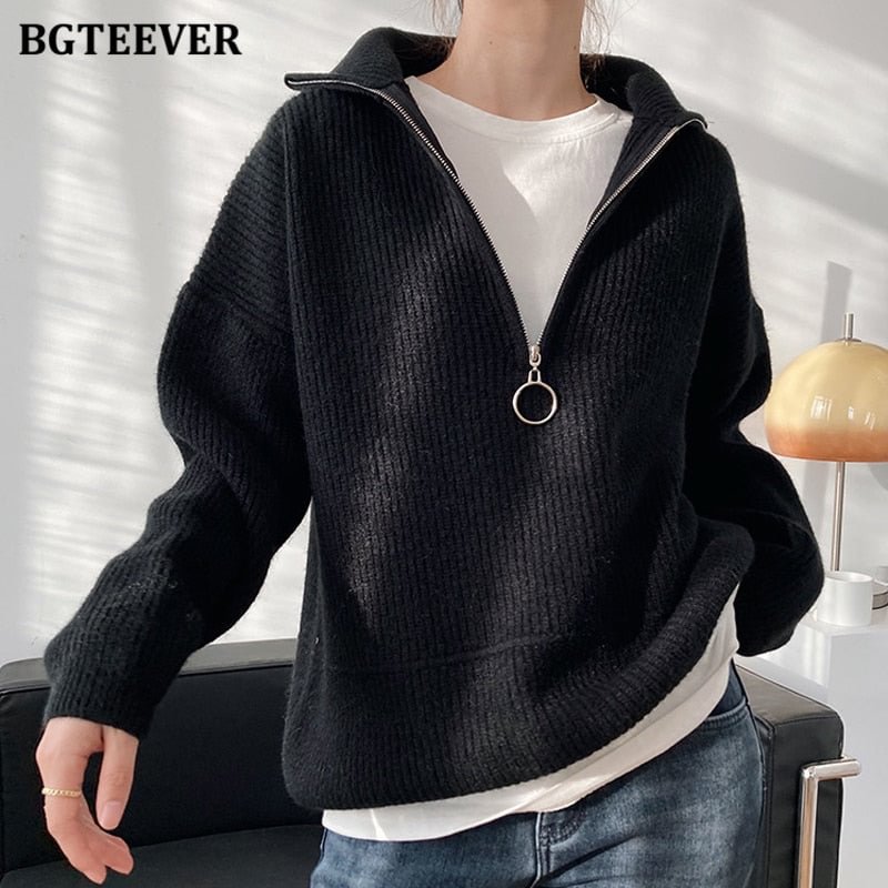 BGTEEVER Autumn Winter Zipper Turtleneck Sweaters Women Casual Thick Long Pullover Jumpers Female Loose Knitting Tops 2021