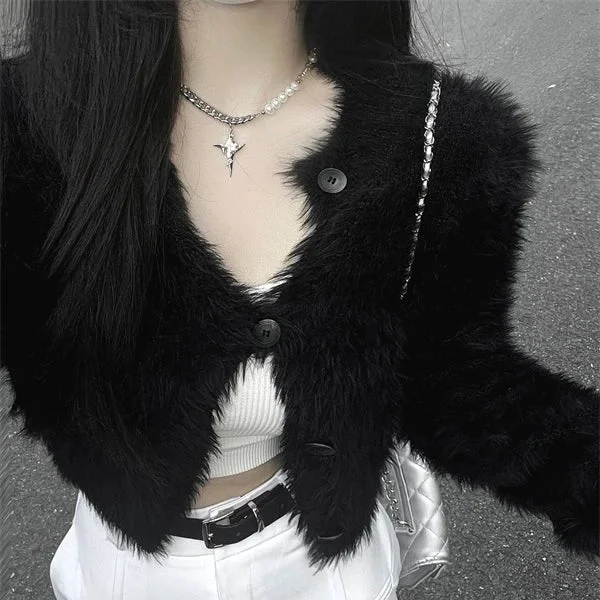 Tlbang V Neck Elegant Cardigan Women Autumn Casual Crop Top Solid Knitted Sweater Jacket Streetwear Pull Femme All Match Coats