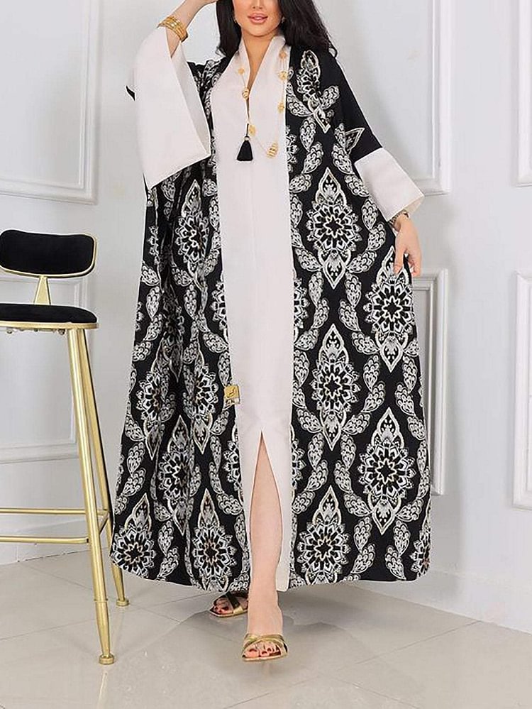 Floral Print Black and White V-neck Kaftan
