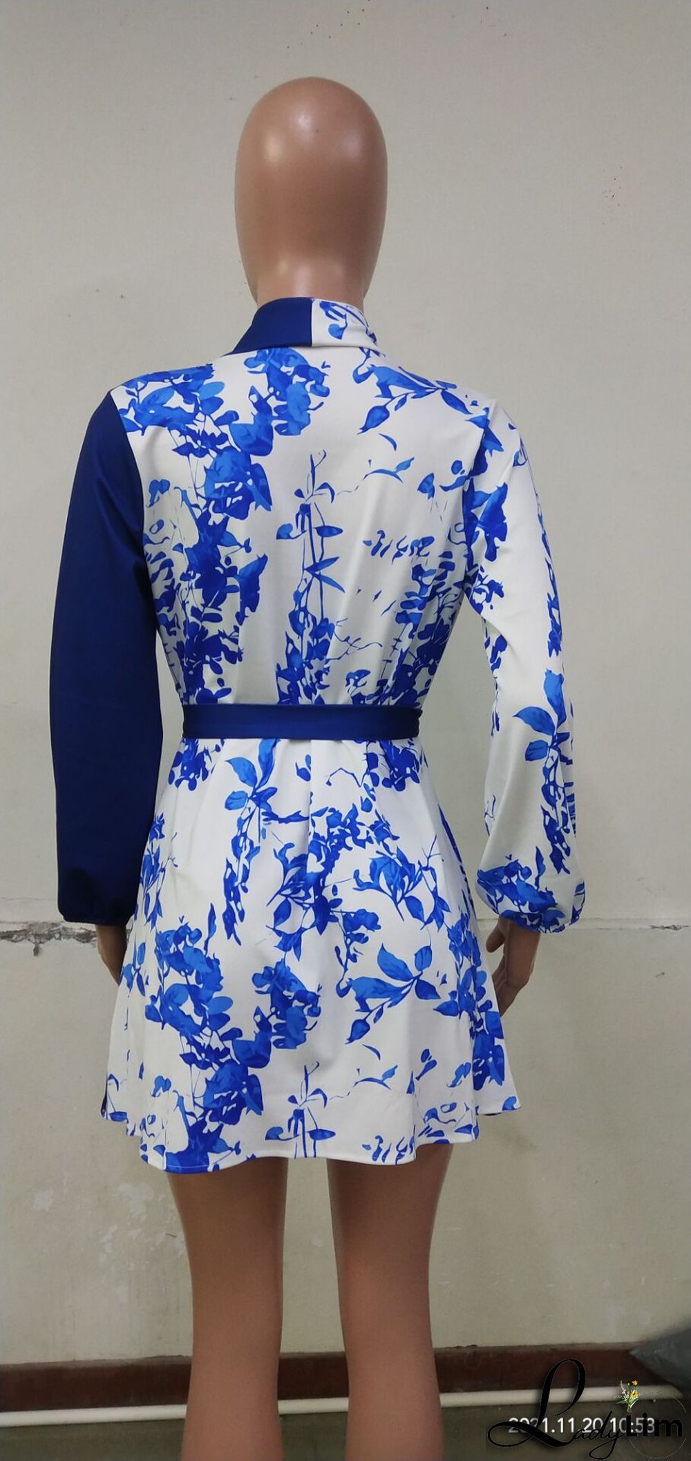 Autumn Blue Print V-Neck Wrap Elegant Cocktail Dress