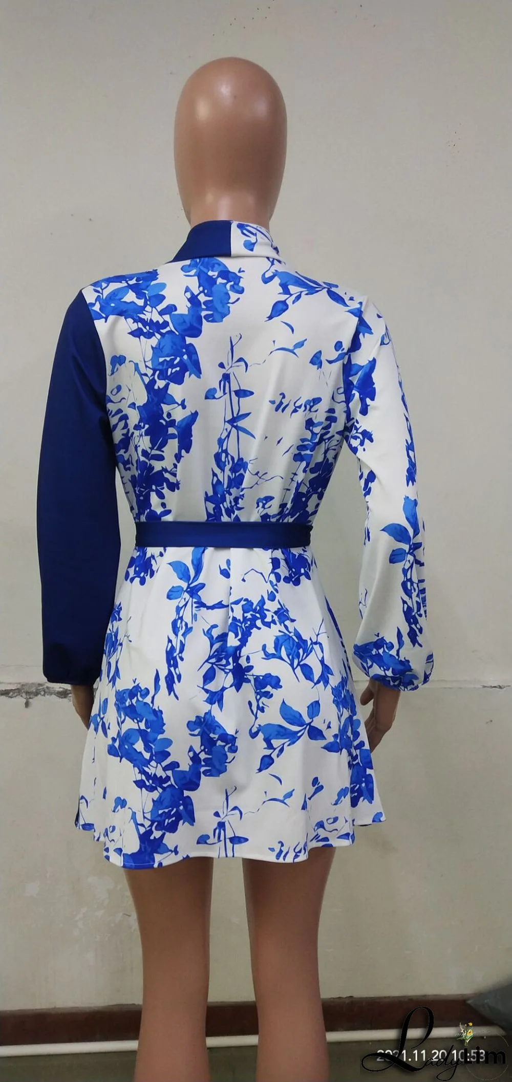 Autumn Blue Print V-Neck Wrap Elegant Cocktail Dress
