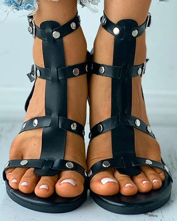 Plain / Snakesin Print Metal Decor Cutout Flat Sandals